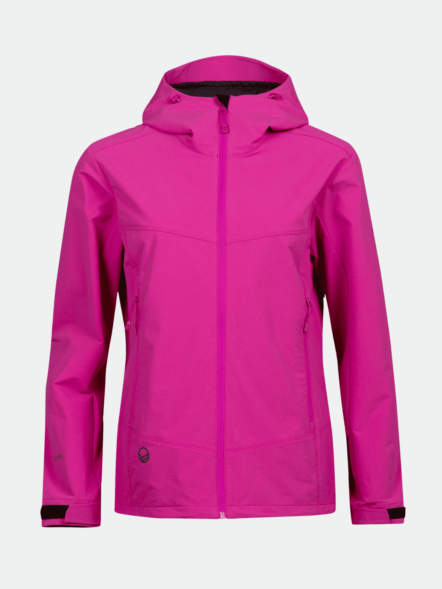 The Halti Pallas Evo Brushed X-stretch Womens Jacket in bright pink with long sleeves and front zipper on white background.