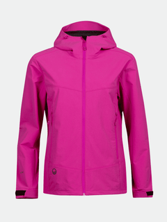 The Halti Pallas Evo Brushed X-stretch Womens Jacket in bright pink with long sleeves and front zipper on white background.
