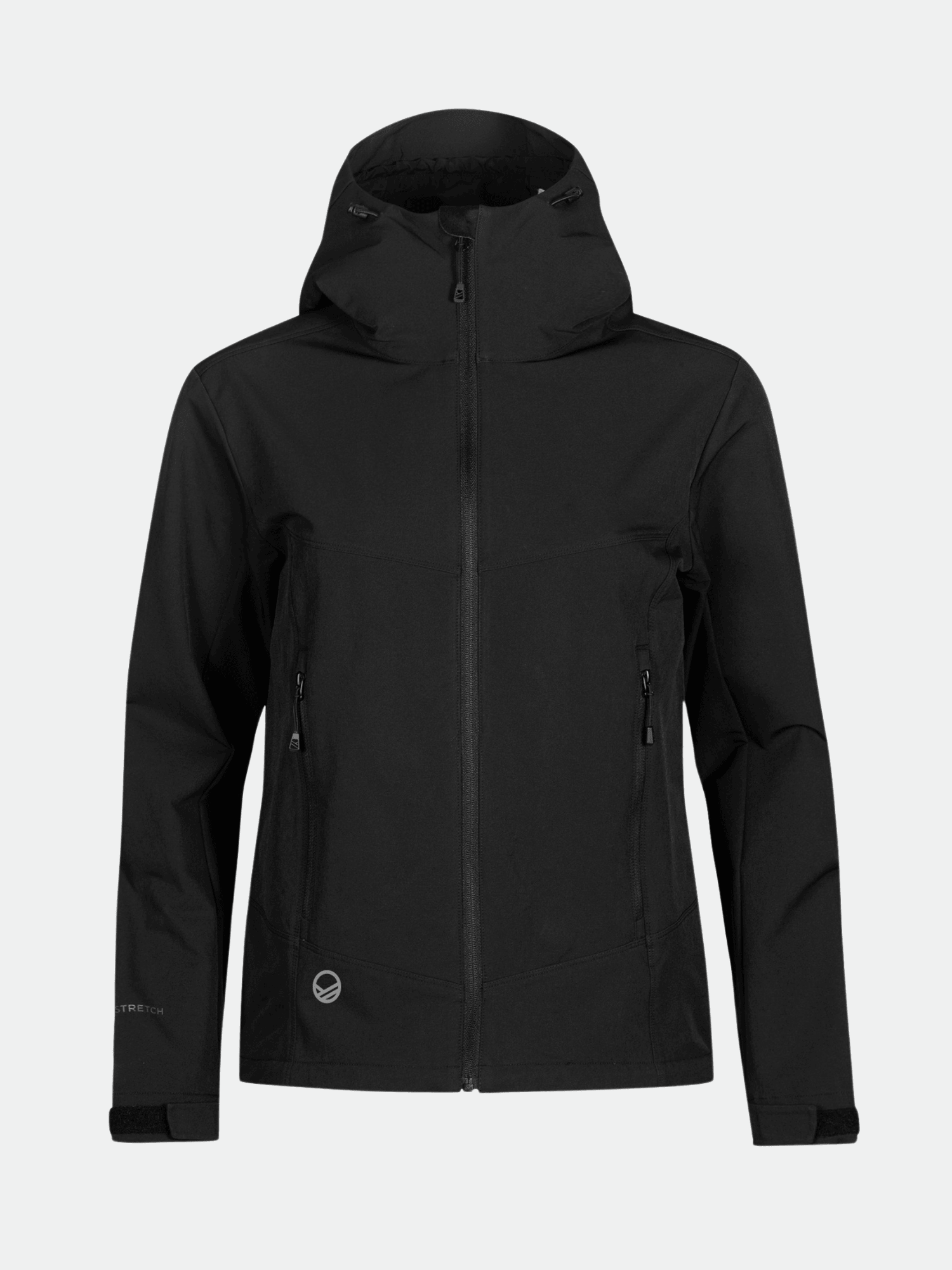 Halti Pallas Evo Brushed X-stretch Womens Jacket: black, stretchable, front zipper, 2 zip pockets, logo near hem.