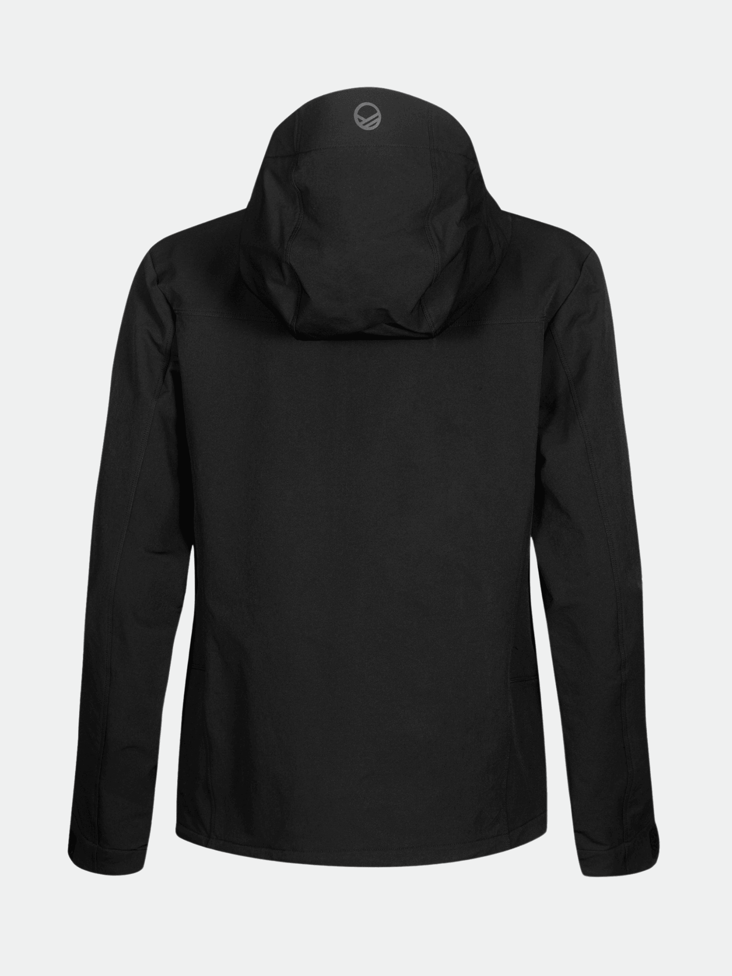 The Halti Pallas Evo Brushed X-stretch Jacket Womens in black, shown from the back, with long sleeves and hood logo.