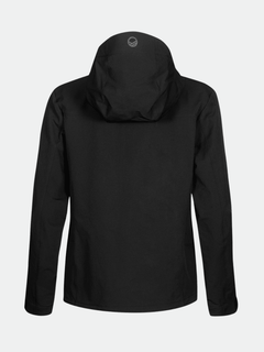The Halti Pallas Evo Brushed X-stretch Jacket Womens in black, shown from the back, with long sleeves and hood logo.