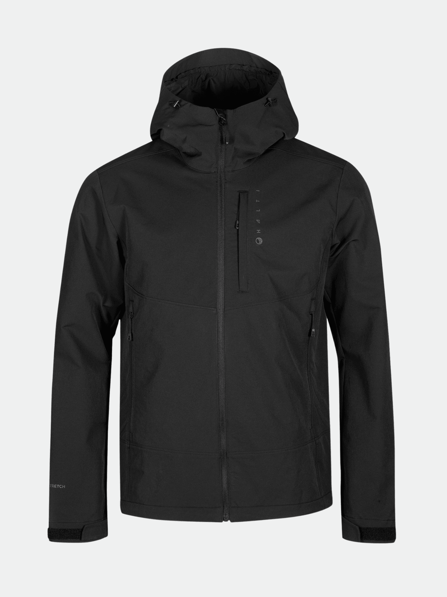 The Halti Pallas Evo Brushed X-stretch mens jacket is black, eco-friendly, with hood, zipper, pockets, and chest logo.