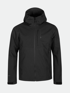 The Halti Pallas Evo Brushed X-stretch mens jacket is black, eco-friendly, with hood, zipper, pockets, and chest logo.