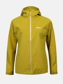 The Halti Staala DrymaxX Shell Jacket Womens is yellow, with a front zipper and logo on the left chest.