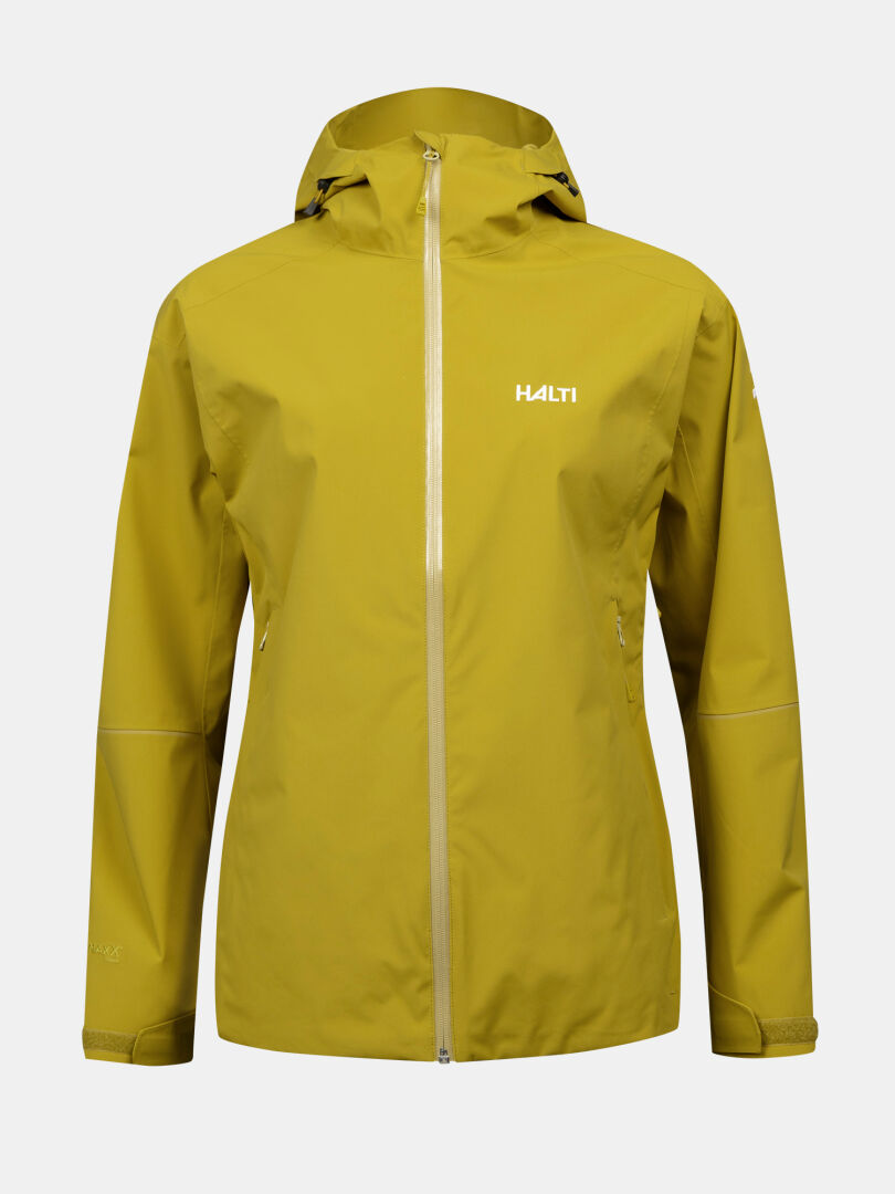 Halti's Staala DX Shell Jacket Women's is a yellow, water-repellent hiking jacket with a front zipper and logo.