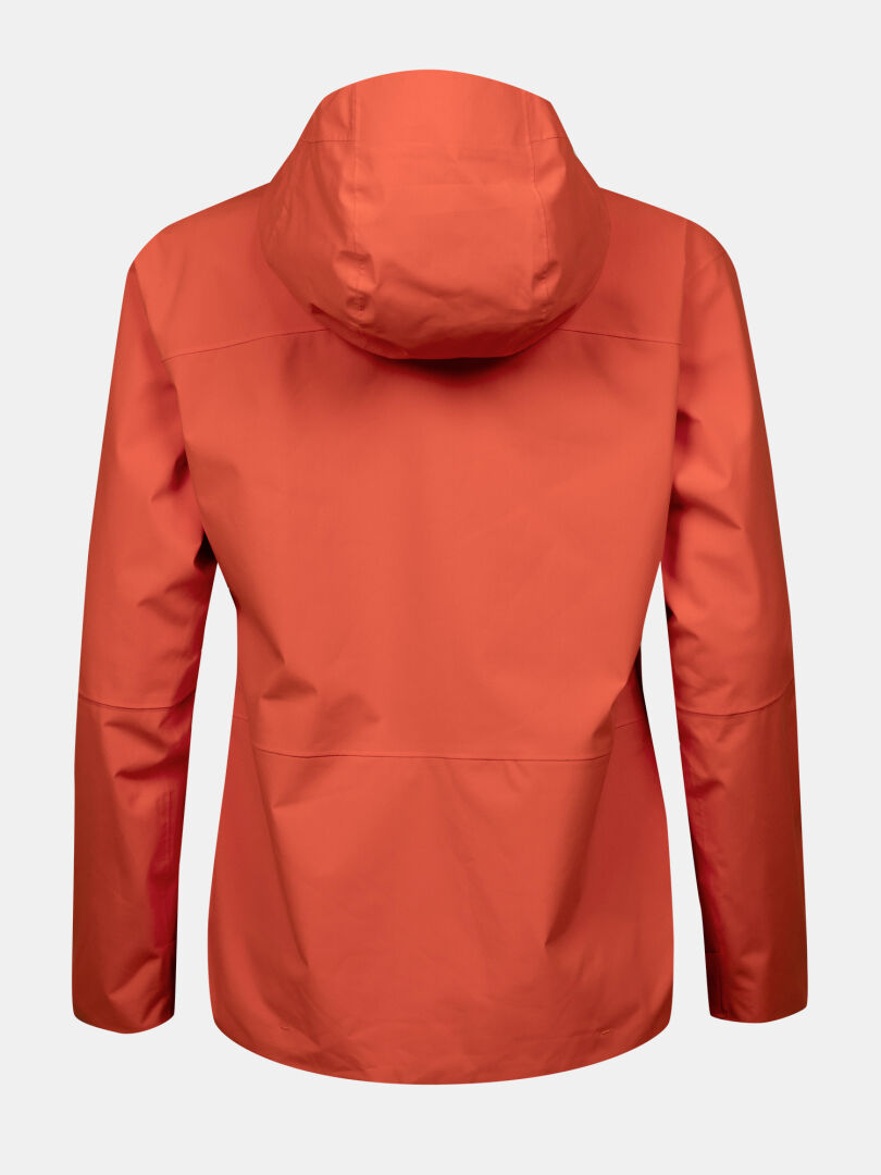 Back view of the orange Halti Staala DrymaxX Shell Jacket Womens, long-sleeved, shown on a plain white background.