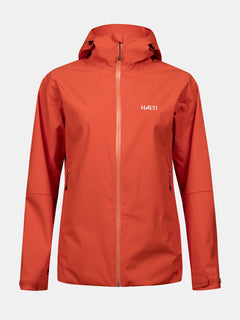 A front view of the Halti Staala DrymaxX Shell Jacket Womens in orange, with zip pockets and a water-repellent finish.