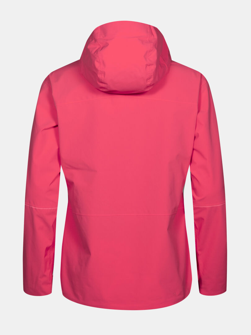 The Staala DX Shell Jacket Women's by Halti in bright pink, hooded, is shown from the back on a white background.