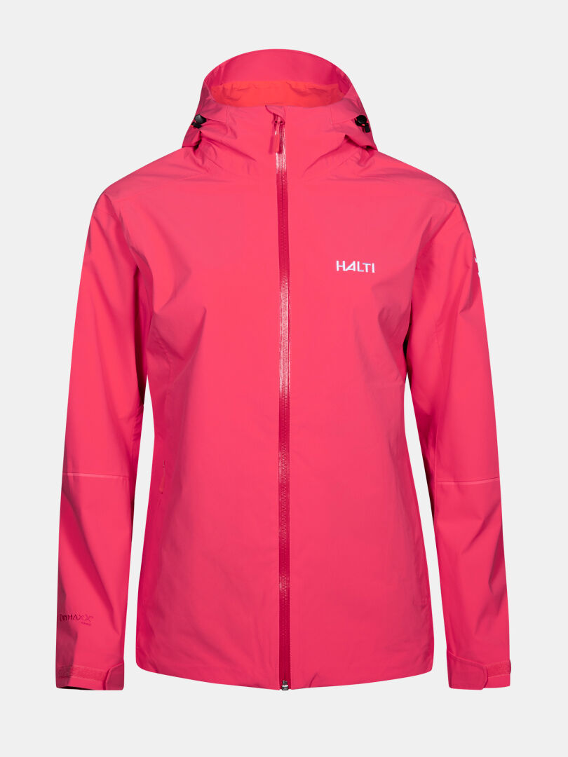 Bright pink Halti Staala DX Shell Jacket Women's with hood, water-repellent zipper, and chest logo on plain background.