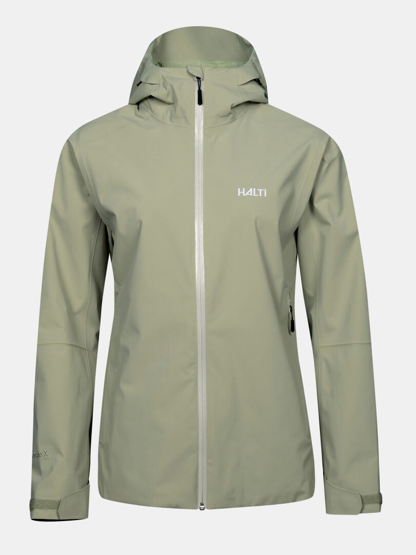 Light green Halti Staala DX Shell Jacket for women with hood, front zip, chest logo, and water-repellent design.