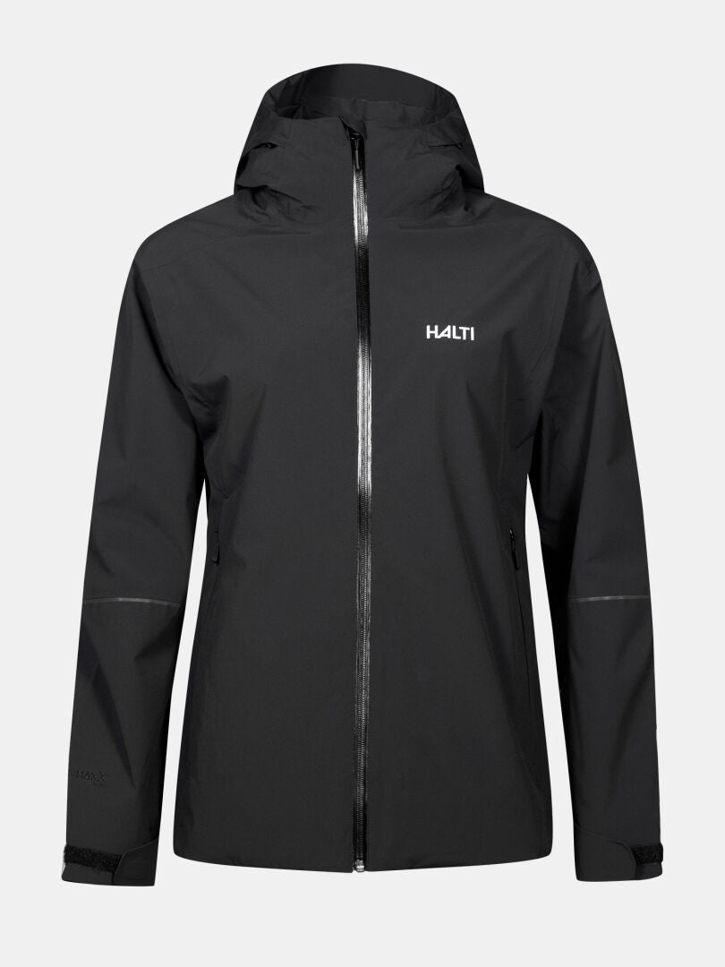 Halti Staala DX Shell Jacket Women's Plus, black with hood, full zipper, and two side pockets on a light background.