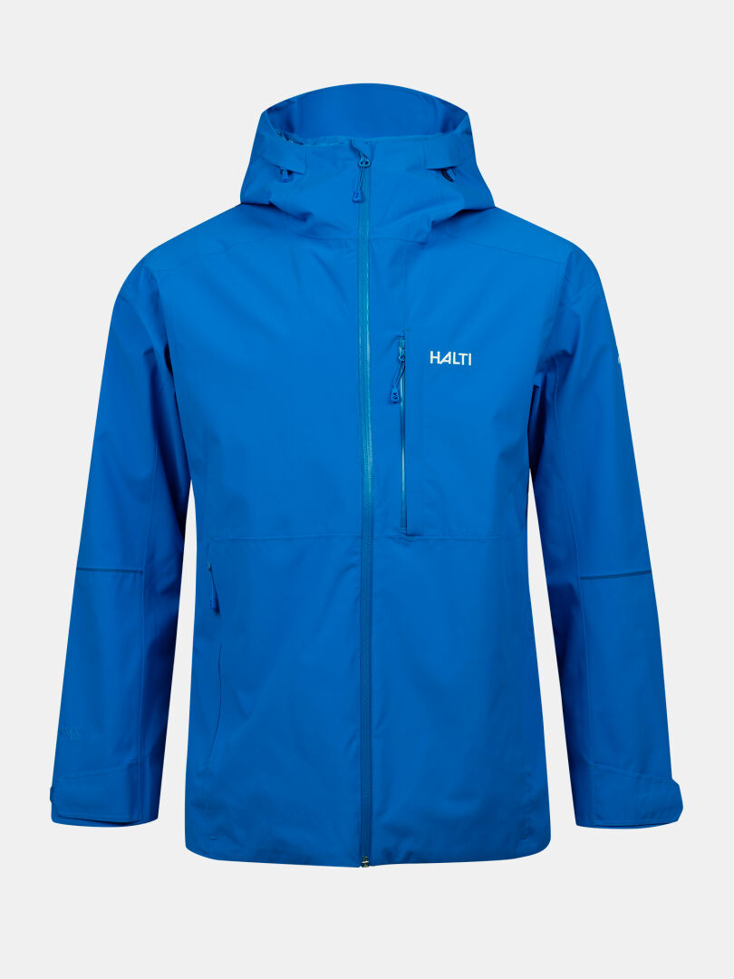 The Halti Staala DX Shell Jacket Men's is windproof, breathable, bright blue with a front zipper and chest pocket.