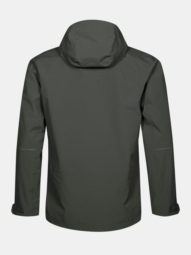 A dark green Halti Staala DX Shell Jacket Men's shown from the back, with long sleeves and adjustable wrist straps.