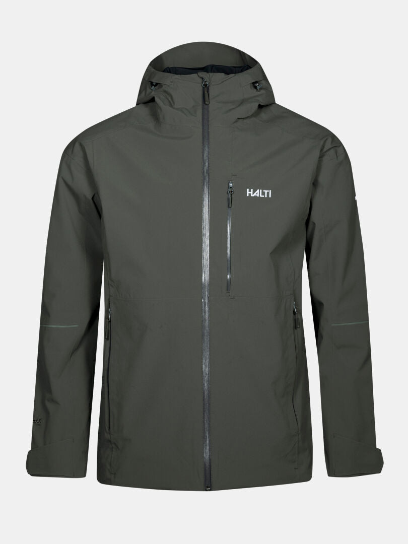 Halti Staala DX Shell Jacket Men's—dark green, windproof, breathable, water-repellent; hood, zip front, chest pocket.