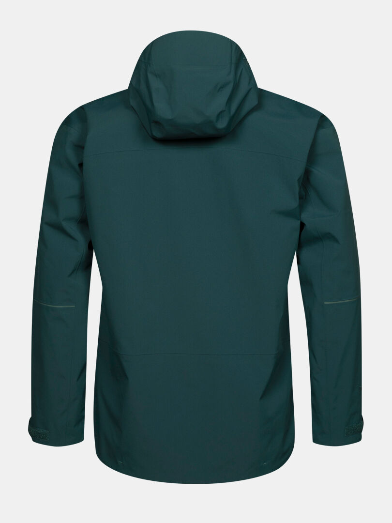 Halti Staala DX Shell Jacket Men’s in dark green with hood, shown from the back on a white background.