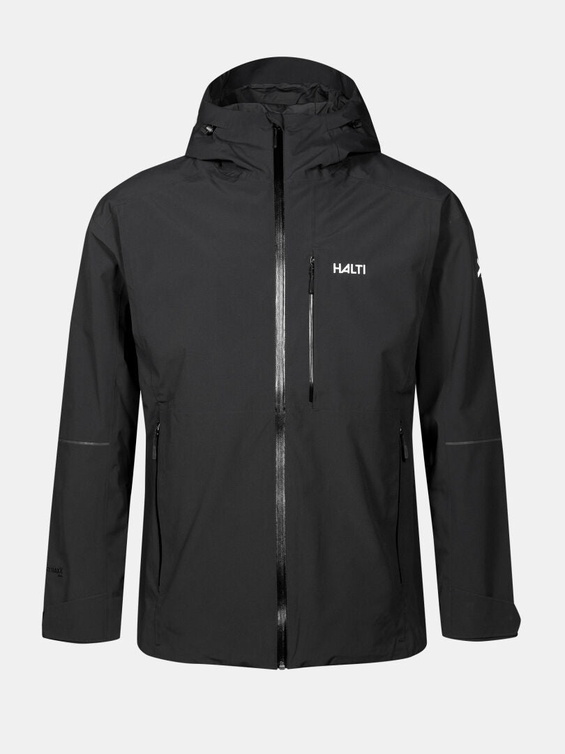The Halti Staala DX Shell Jacket Men's is black, water-repellent, with front zipper, side pockets, and chest logo.