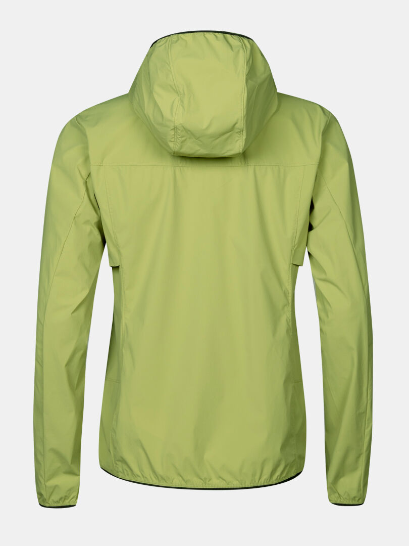 The Halti Pallas Cool X-stretch Jacket Women's in light green with a hood is shown from the back on a white background.