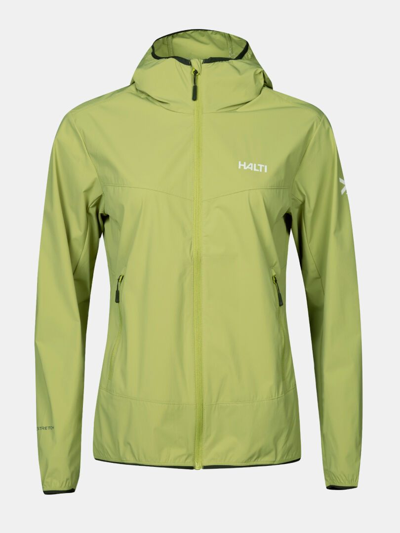 Halti Pallas Cool X-stretch Women's Jacket—light green, lightweight, zip closure, 2 zip pockets, logos on chest and sleeve.