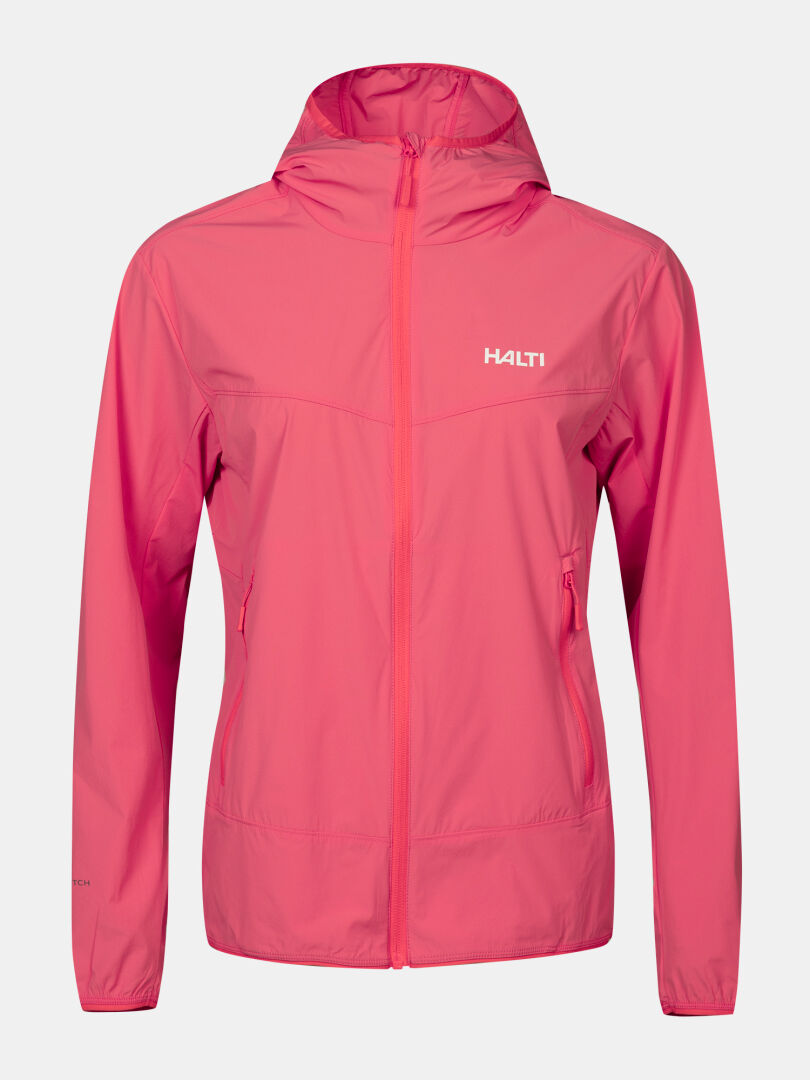 The Halti Pallas Cool X-stretch Jacket Women's is pink, long-sleeved, with two side pockets and logo on the left chest.