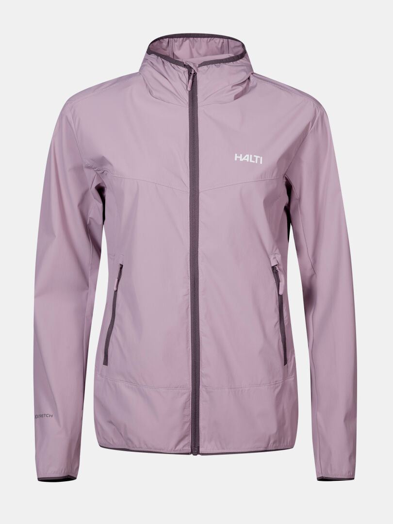 Halti Pallas Cool X-stretch Jacket Women's: lightweight, light purple, long sleeves, zip pockets, hood, chest logo.