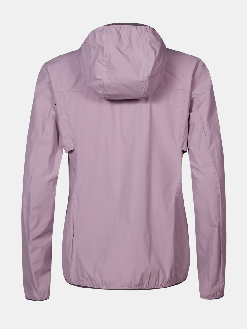 The Halti Pallas Cool X-stretch Jacket Women's in light purple with a hood is shown from the back on a white background.