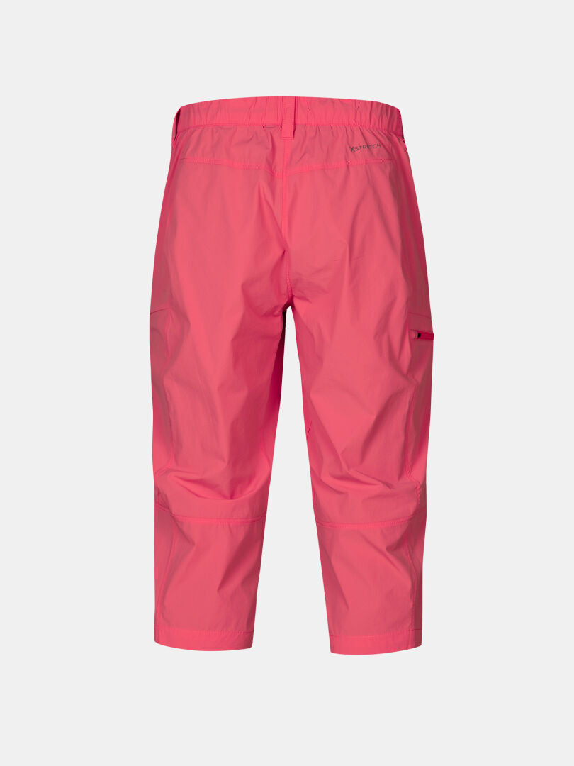 Back view of Halti Pallas Cool X-stretch women's capri pants in bright pink with elastic waist and side pocket.