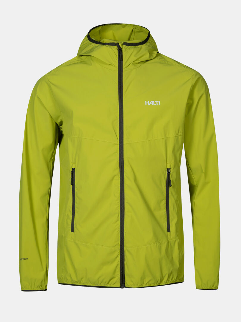 Halti Pallas Cool X-stretch Men's Jacket: lime green, lightweight, hooded, zip pockets, front zipper, logo on chest.
