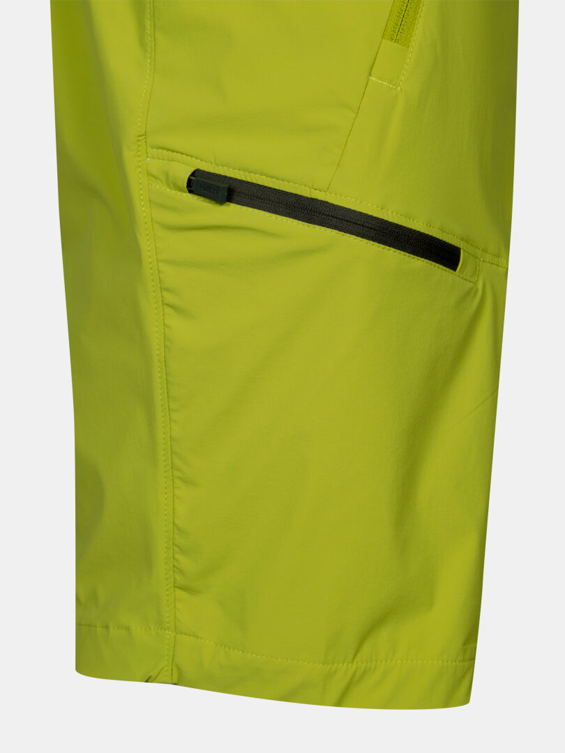 Close-up of Halti Pallas Cool X-stretch Shorts Men's in green with a black zippered side pocket.