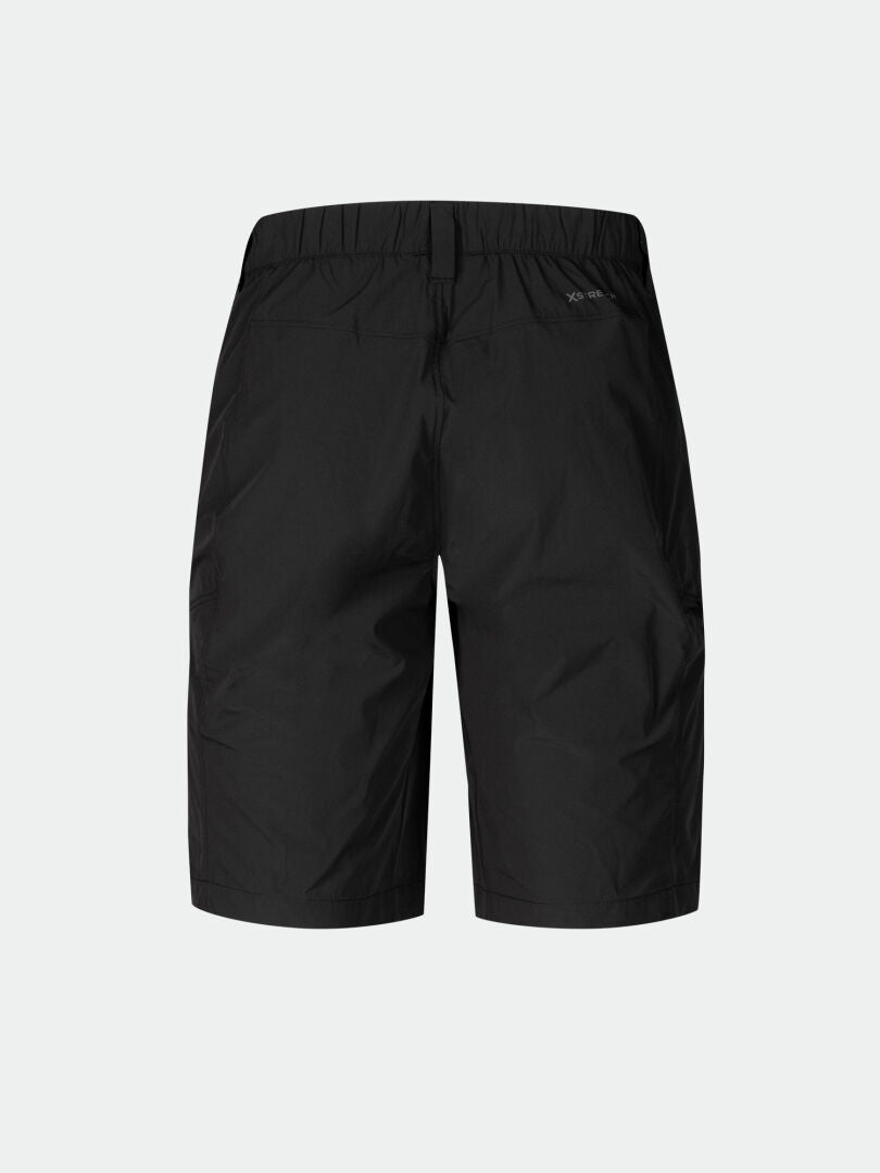 Halti Pallas Cool X-stretch Men's shorts, black, knee-length with elastic waistband, shown from the back on gray.