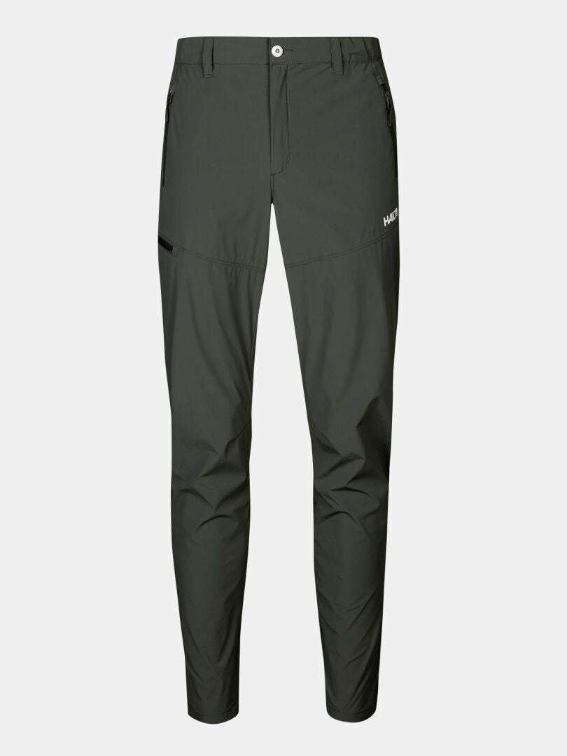 Dark green Halti Pallas Cool X-stretch men's pants with zip pockets, UPF 90+, and white logo on the thigh.