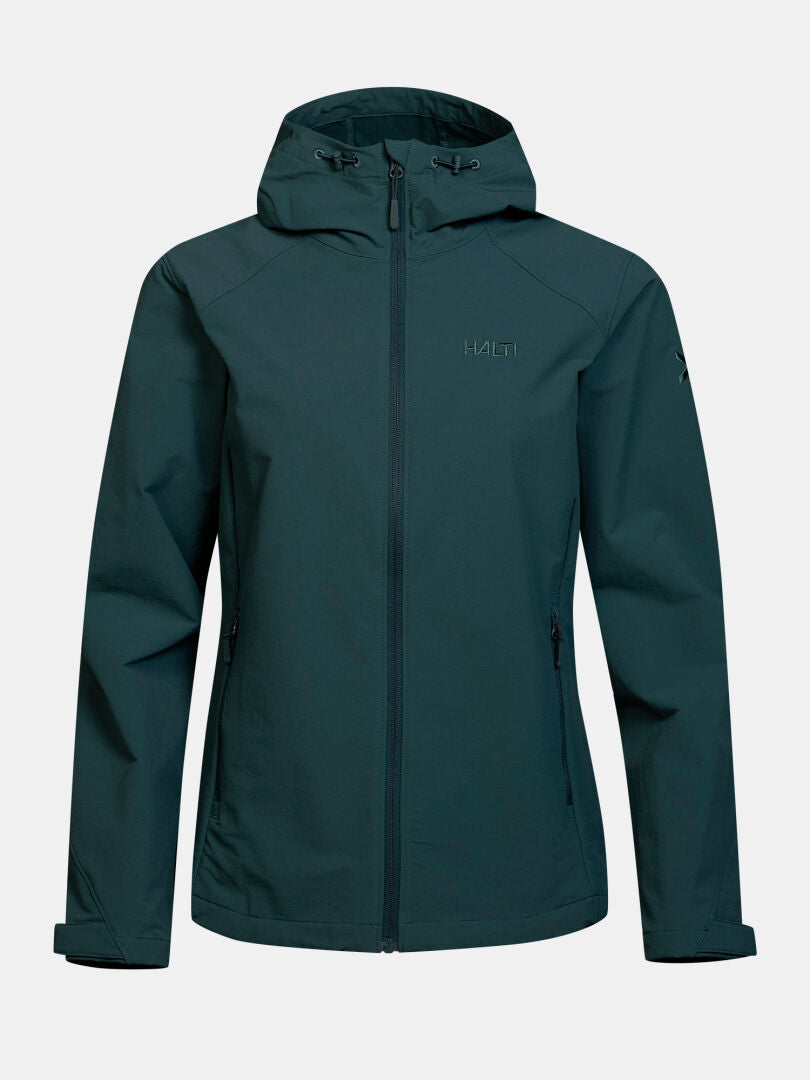 Halti Finholma X-stretch Women’s Jacket: dark green, windproof stretch, zip pockets, subtle chest & sleeve logos.