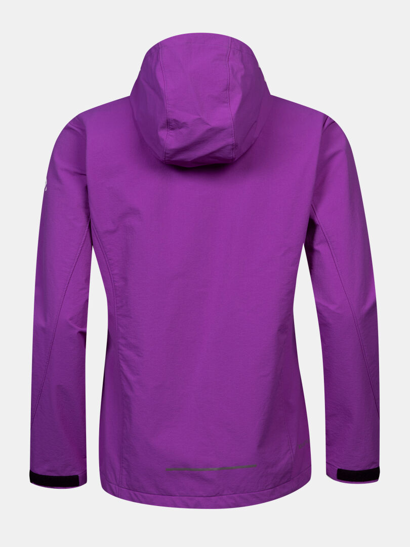 Back view of Halti Finholma X-stretch Women’s Jacket in purple, with black cuffs and windproof stretch fabric.