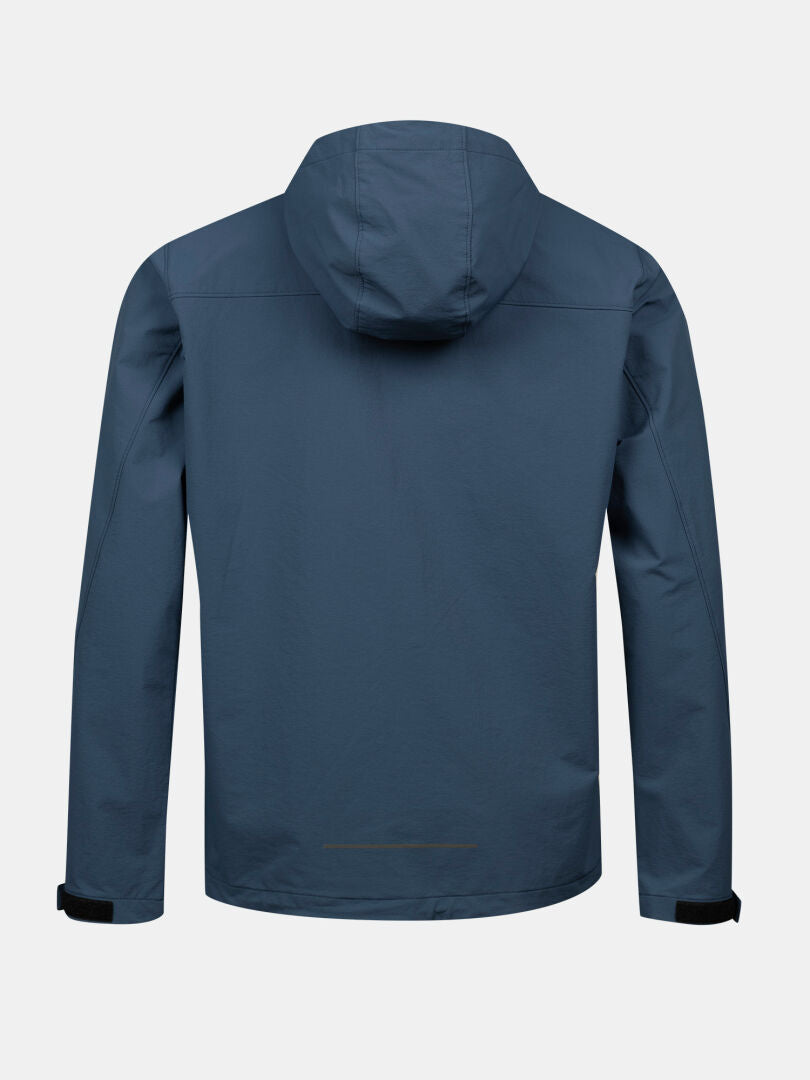 The Halti Finholma X-stretch Jacket Mens in blue is shown from the back against a plain white background.