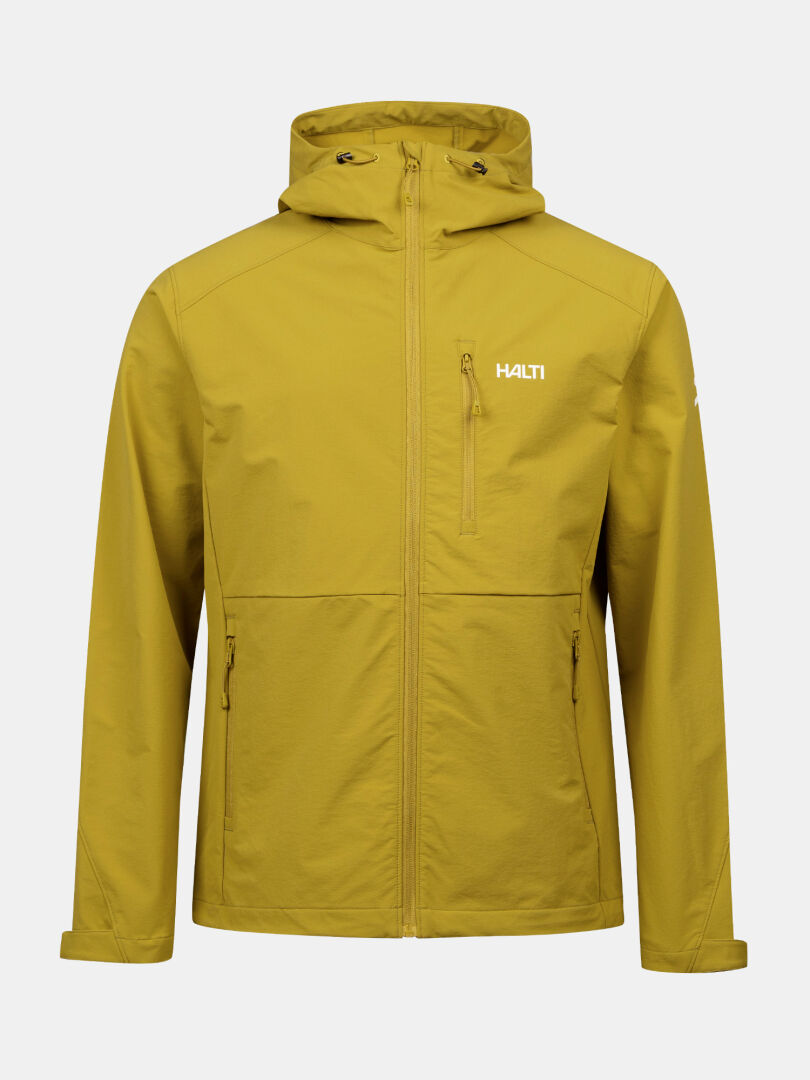Halti Finholma X-stretch Mens Jacket: yellow-green, lightweight, windproof, chest pocket, front zipper.