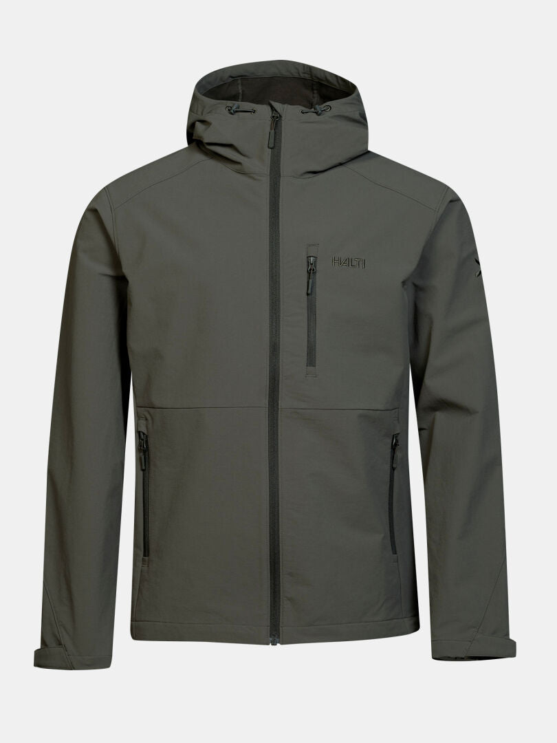 Halti Finholma X-stretch men’s jacket: dark gray, hooded, windproof, with zip pockets and stretch fabric for comfort.