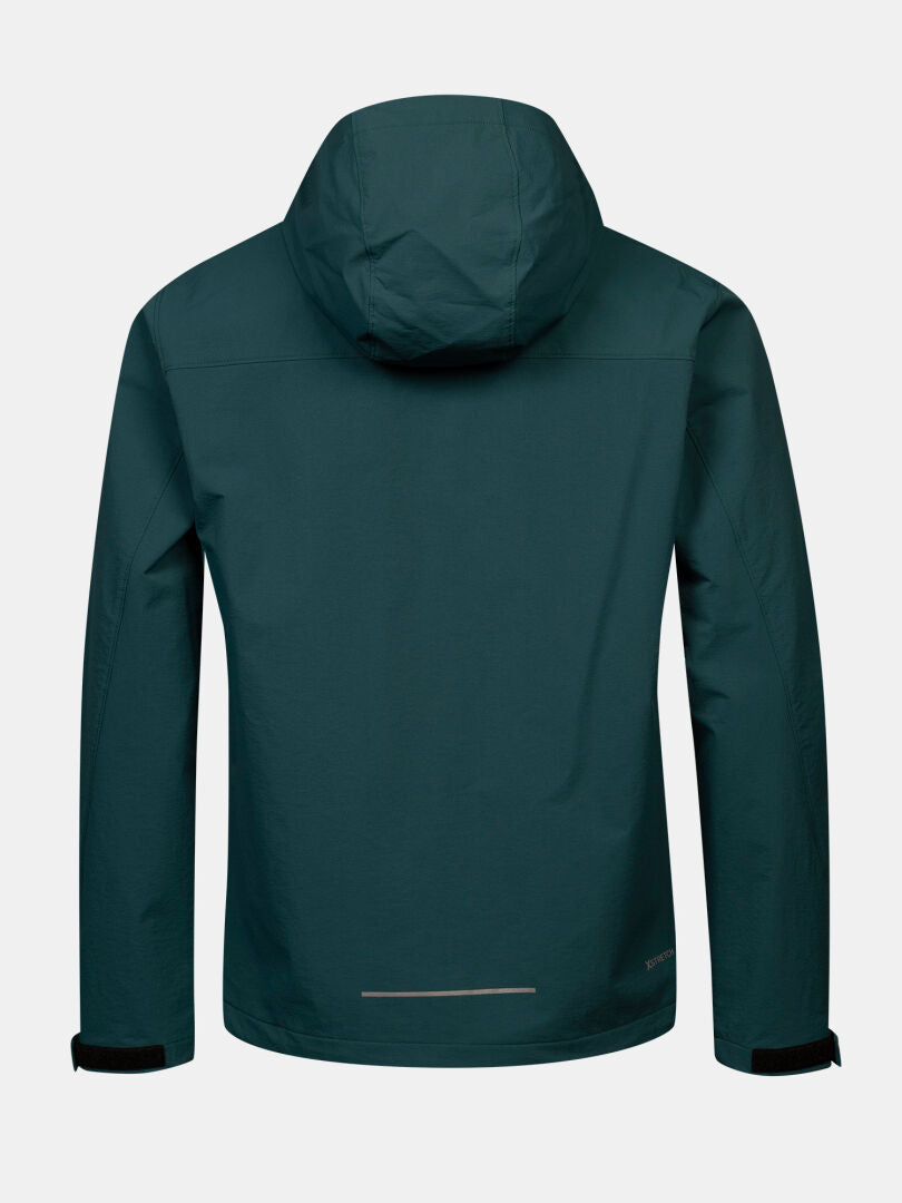 Halti Finholma X-stretch Men’s dark teal jacket, back view, windproof stretch fabric, reflective strip near hem.
