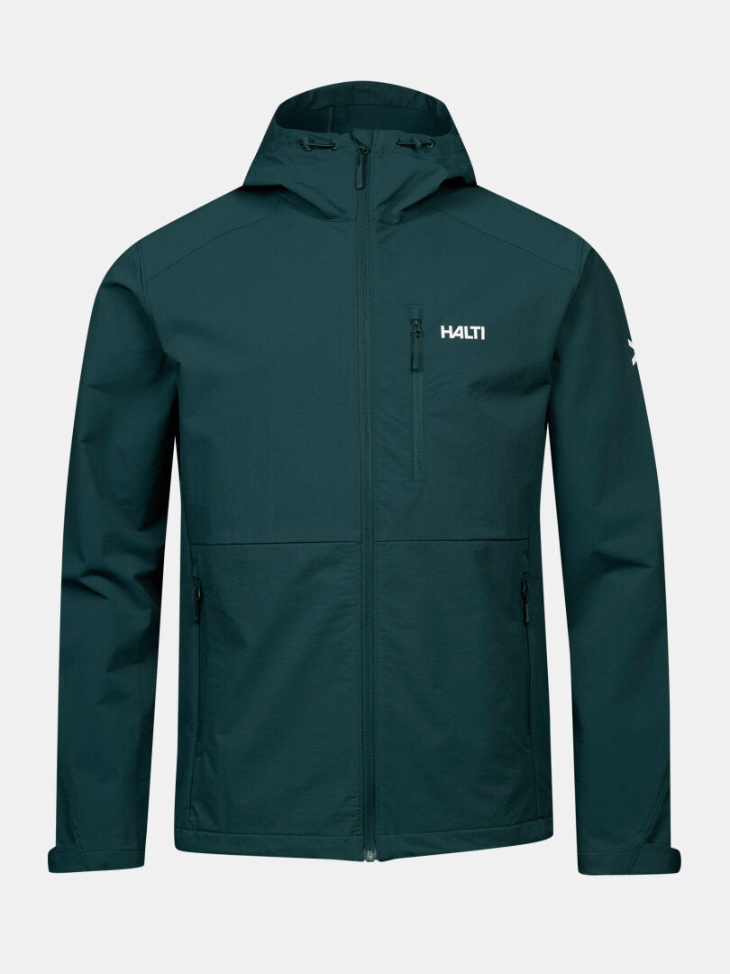 Halti Finholma X-stretch Men’s Jacket: dark green, windproof, stretch fabric, zip pockets, logo on chest.
