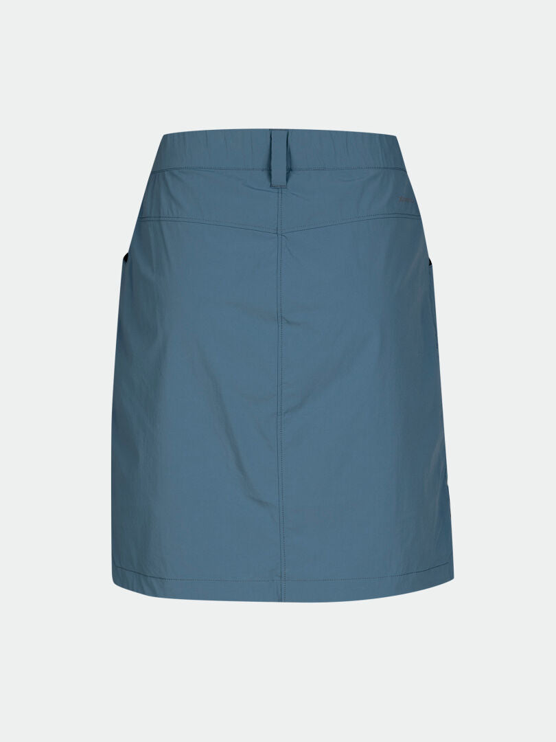 Halti Pallas Cool Skort Women's, blue knee-length A-line with waistband and side pockets, on a white background.