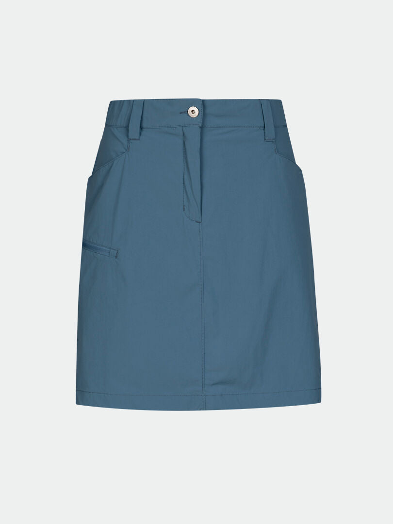 Halti Pallas Cool Skort Women's: blue, knee-length, quick-dry with belt loops, button, side and small right pocket.
