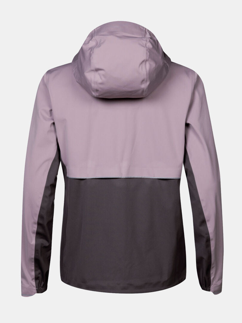 The Halti Taival DX 3L Jacket Women's is a two-tone, waterproof, hooded jacket with long sleeves, shown from the back.