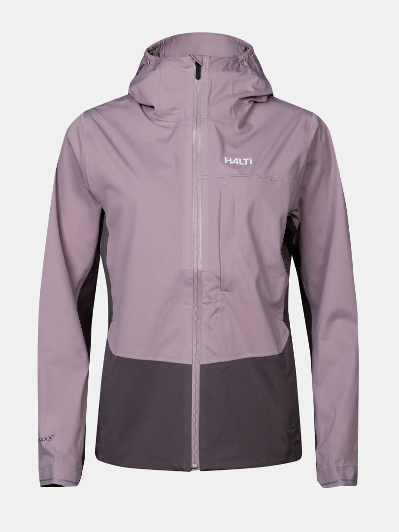 Halti Taival DX 3L Women's Jacket in light purple/dark gray features a front zip, waterproof fabric, and chest logo.