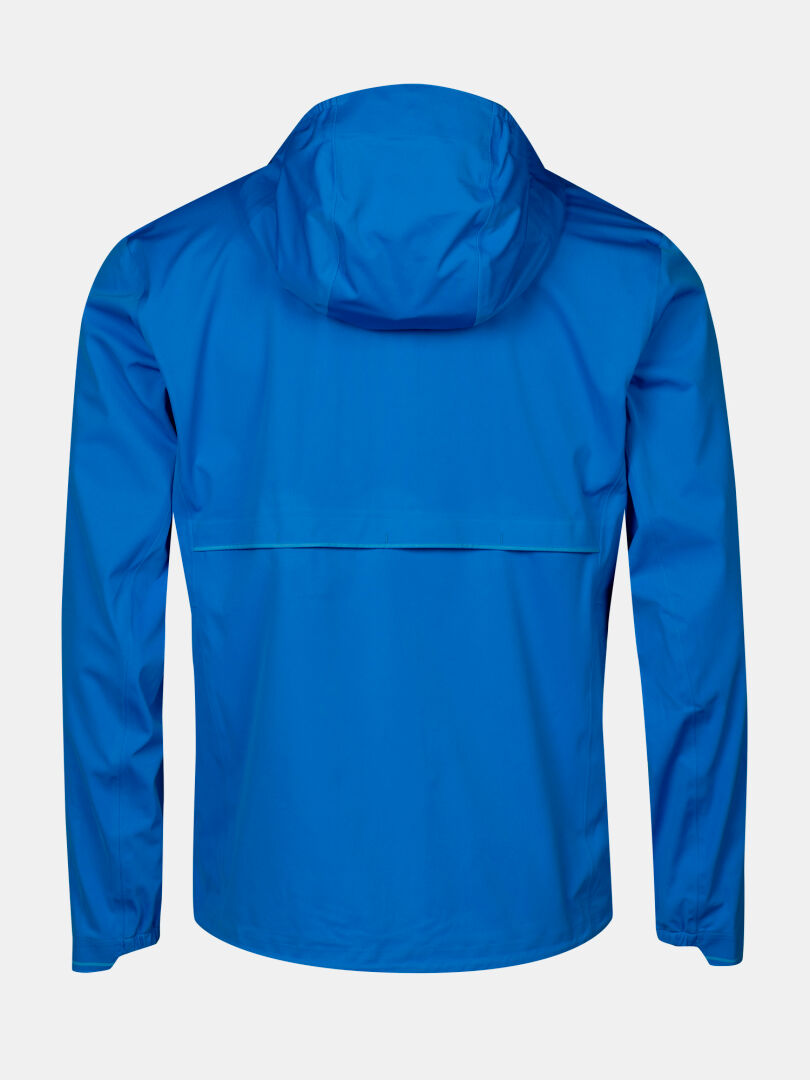 Halti Taival DX 3L Men's Jacket in bright blue, shown from the back with long sleeves and a breathable back vent.