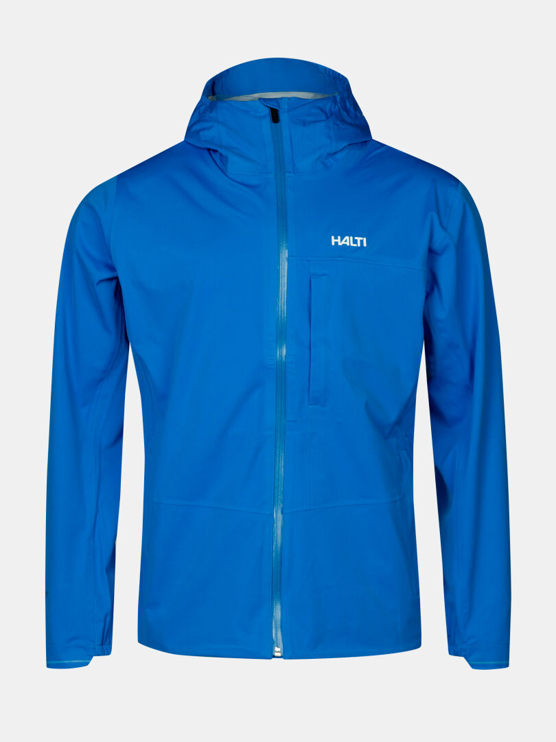 The Halti Taival DX 3L Men's Jacket is a blue, waterproof, hooded jacket with a chest pocket and logo on the left chest.