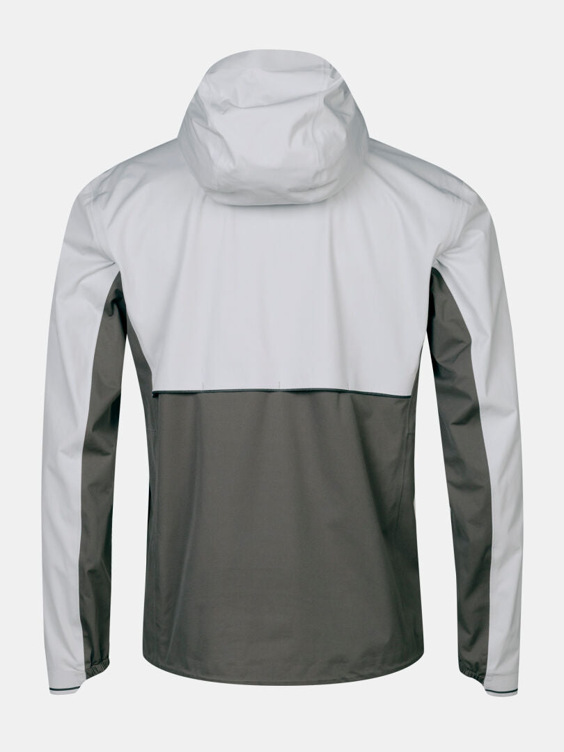 Halti Taival DX 3L Men's Jacket, two-tone with hood, light gray upper and dark gray lower, shown from the back.