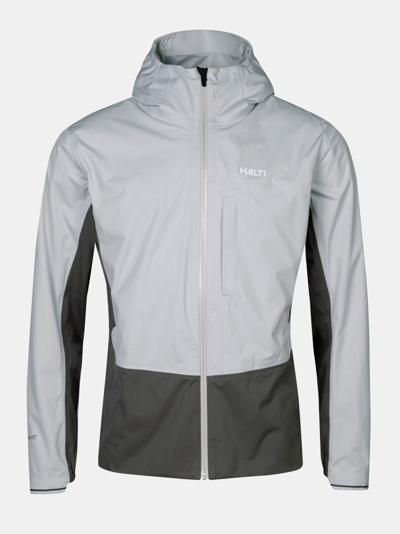 Halti Taival DX 3L Men's Jacket in gray/dark gray with front zipper and chest pocket, shown on a plain background.