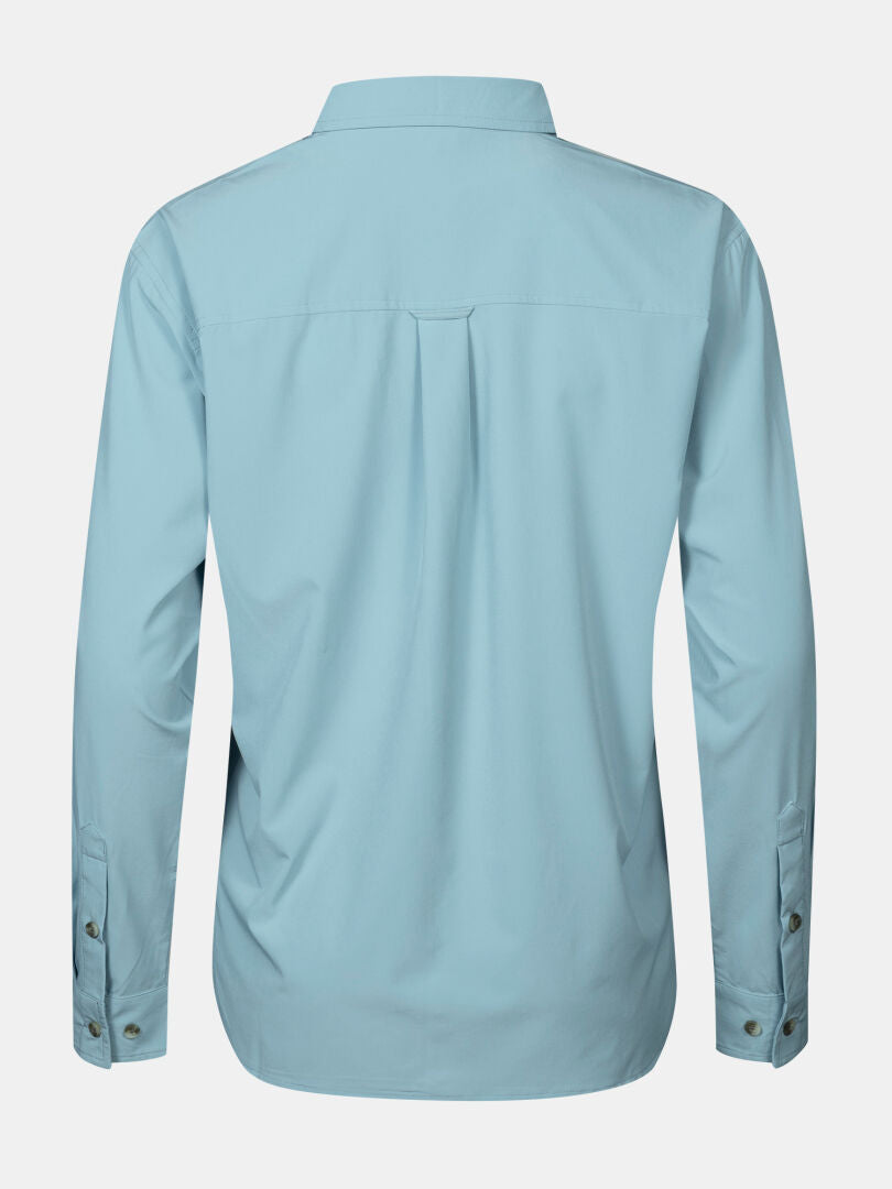 Halti Samoy Longsleeve Trekking Shirt Women's in light blue, shown from the back with collar and quick-dry fabric.