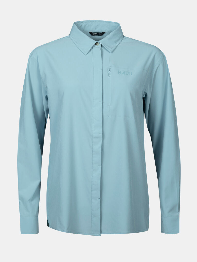 Halti Samoy Longsleeve Trekking Shirt Women’s in light blue, quick-dry fabric with a subtle chest logo, shown plain.
