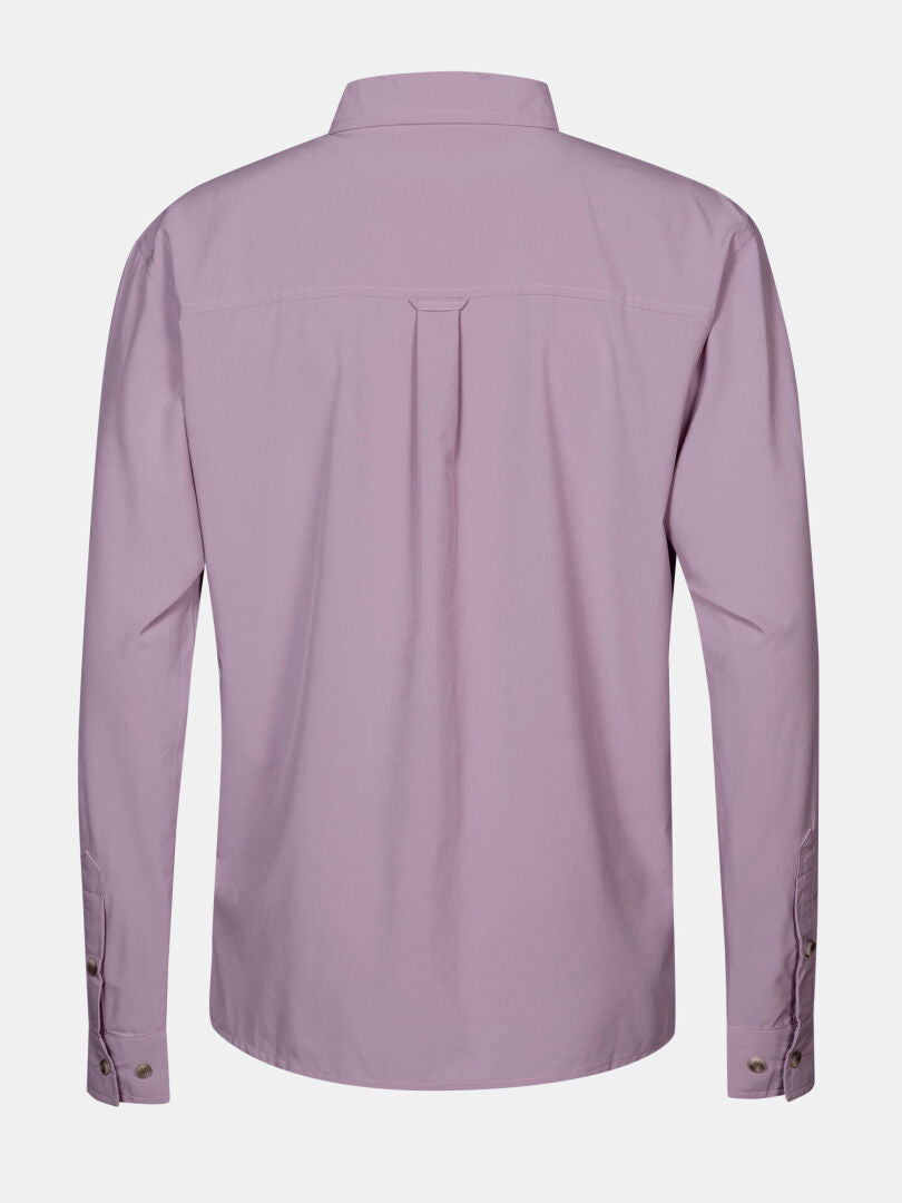 Back view of Halti Samoy Longsleeve Trekking Shirt Women's in light purple, UPF 90+, buttoned cuffs.