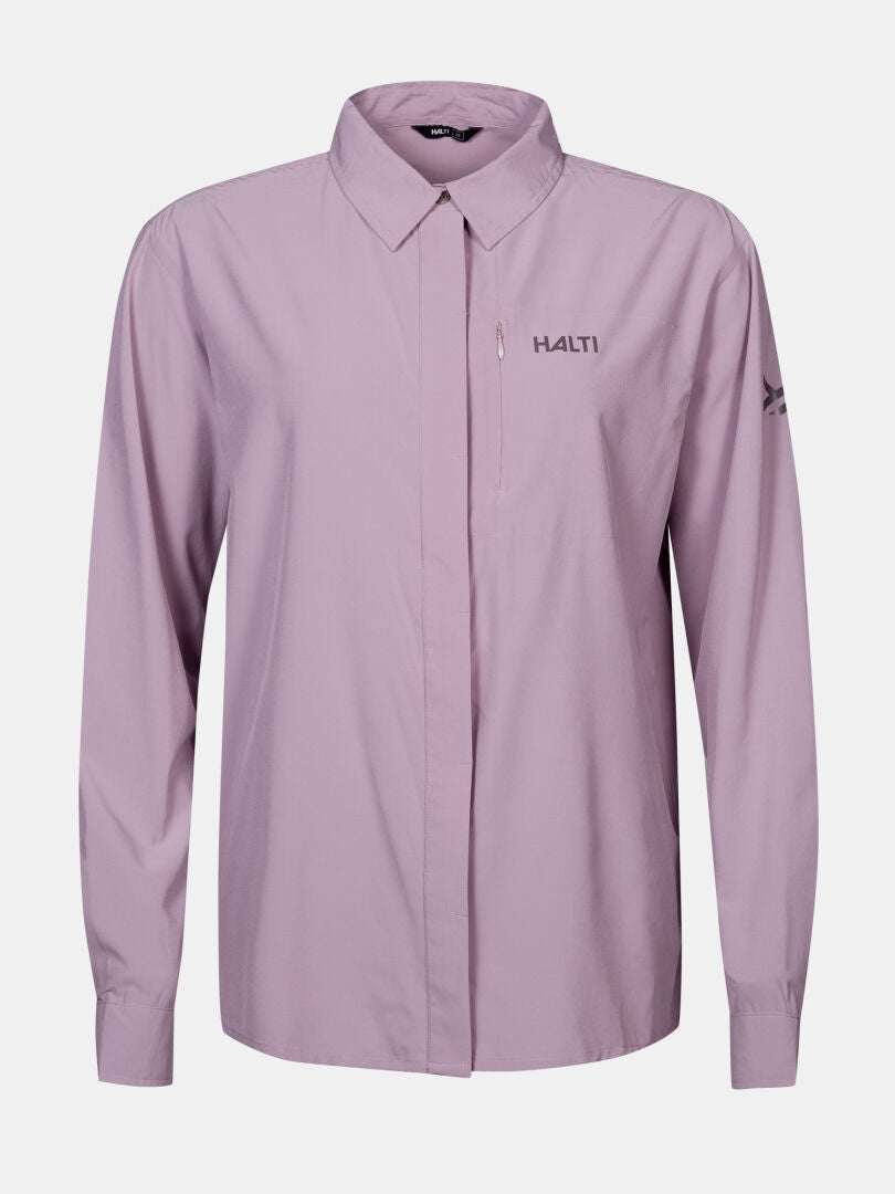 Halti Samoy Women's Trekking Shirt: light purple, long sleeves, collar, front pocket, logo, quick-dry fabric.