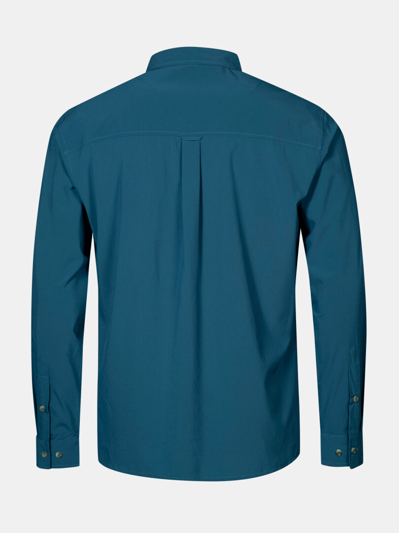 Back view of Halti Samoy Men's Longsleeve Trekking Shirt in teal, quick-dry stretch fabric, with yoke and pleat detail.